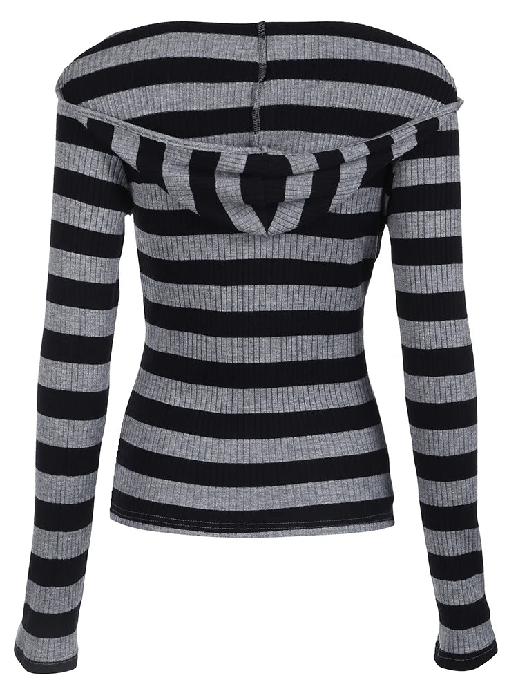 Black Dark Gray Stripe Hooded T-Shirt Women V Neck Slim Long Sleeve Basic Spring Autumn Ribbed Top Preppy Streetwear Tee