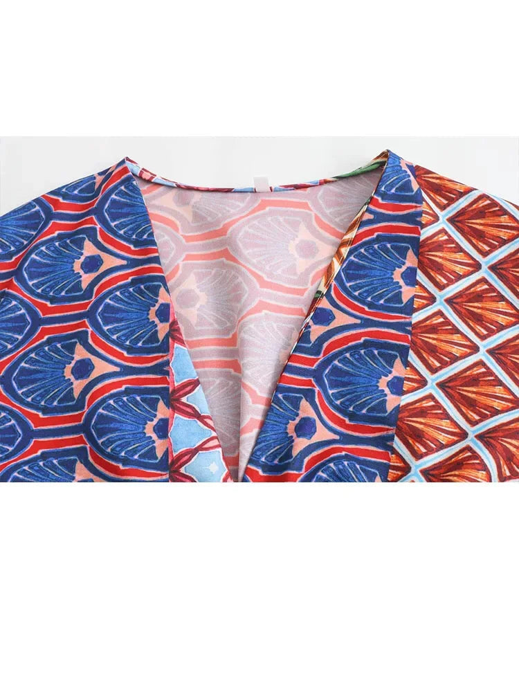 Women Boho 2 Piece Set Elegant Vneck Wide Long Sleeves Printed Crop Top Female Vintage Elastic High Waist Loose Pants