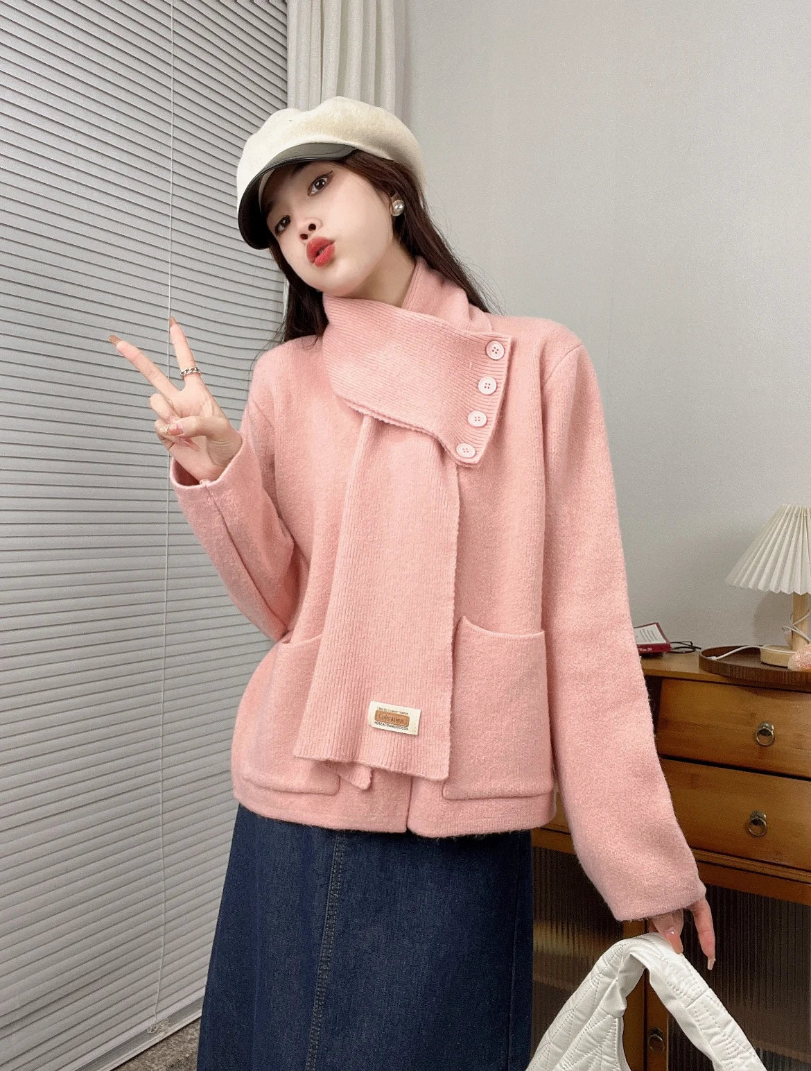 Sweet Hot Girl Christmas Detachable Scarf Knitted Cardigan Women's Fall/winter Loose Longsleeved Sweater Fashion Female Clothes
