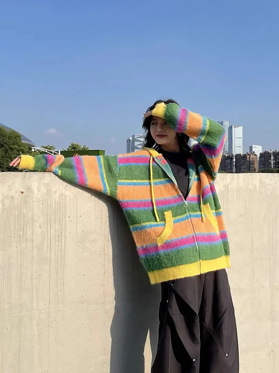 Women Retro Rainbow Striped Knitted Sweater Cardigan 2024 Color Blocked Casual Versatile Autumn Winter Hooded Jacket