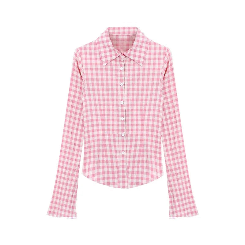 Y2k Pink Plaid Women Shirts Check Graphic Long Sleeve Blouses Female Spring Autumn Sexy Slim Button Up Cardigan Chic Ins