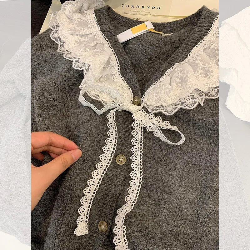 Sweet Fashion Kawaii Sweater Gray Lace Doll Neck Knit Cardigan Women's Clothing Autumnwinter Soft Lazy Vneck Coat