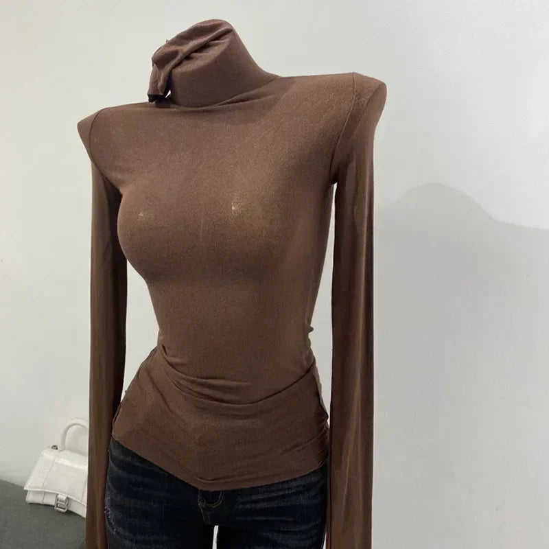 Thin Soft American Long Sleeve T-shirt High Stacked Neck Tight Perspective Bottom Shirt Women’s Slim Fit Tops Sexy Streetwear