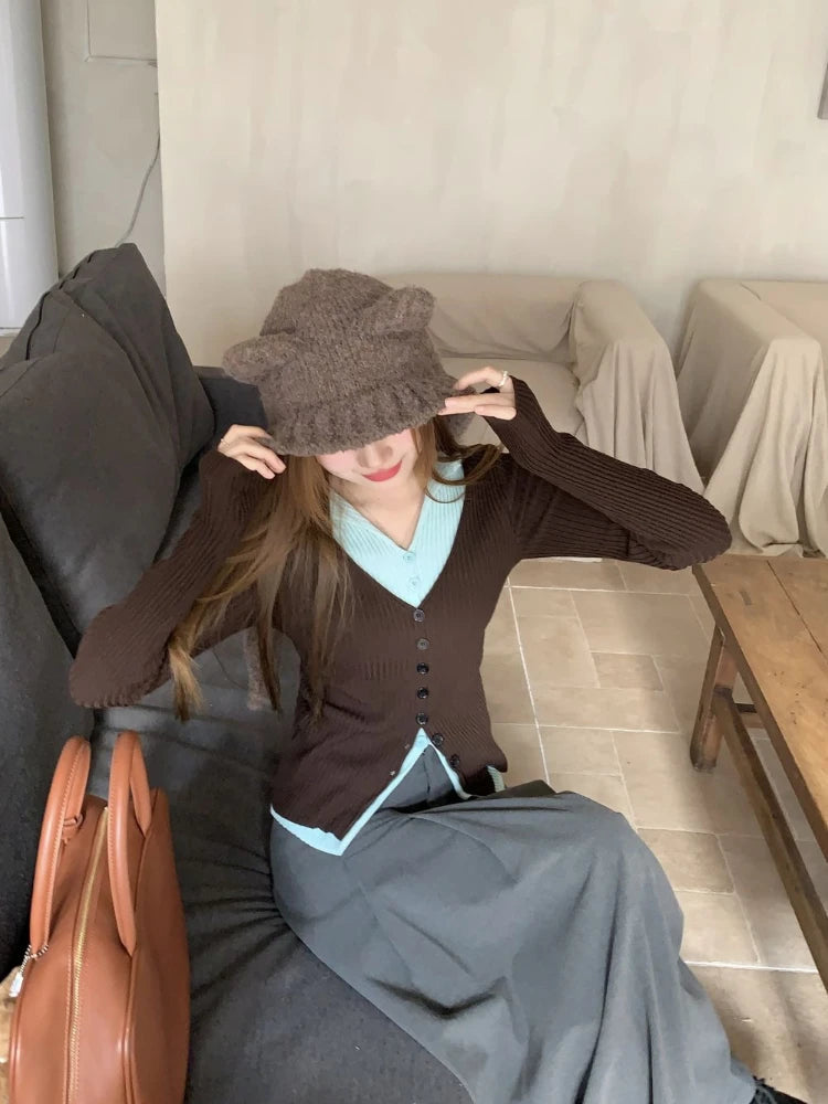 Y2K Brown and Mint Green Fake Two Pieces Knitwear Slim Button Up Cardigan Autumn Winter Ribbed Sweater Women Korean Chic