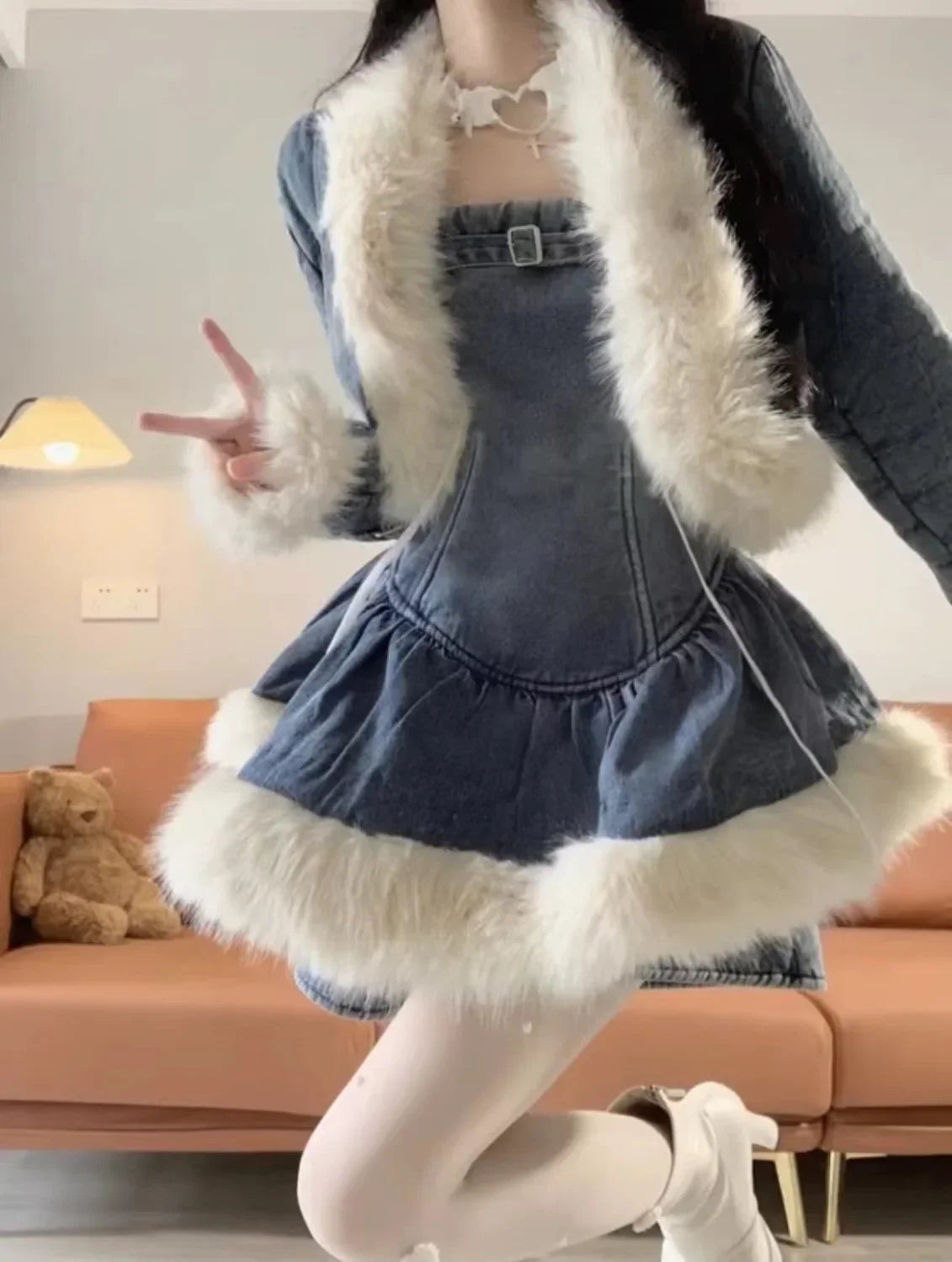 Autumn Winter Korean Temperament Sexy Patchwork Plush Denim Jacket + Slip Dress Pants Slimming Versatile 2 Pieces Set