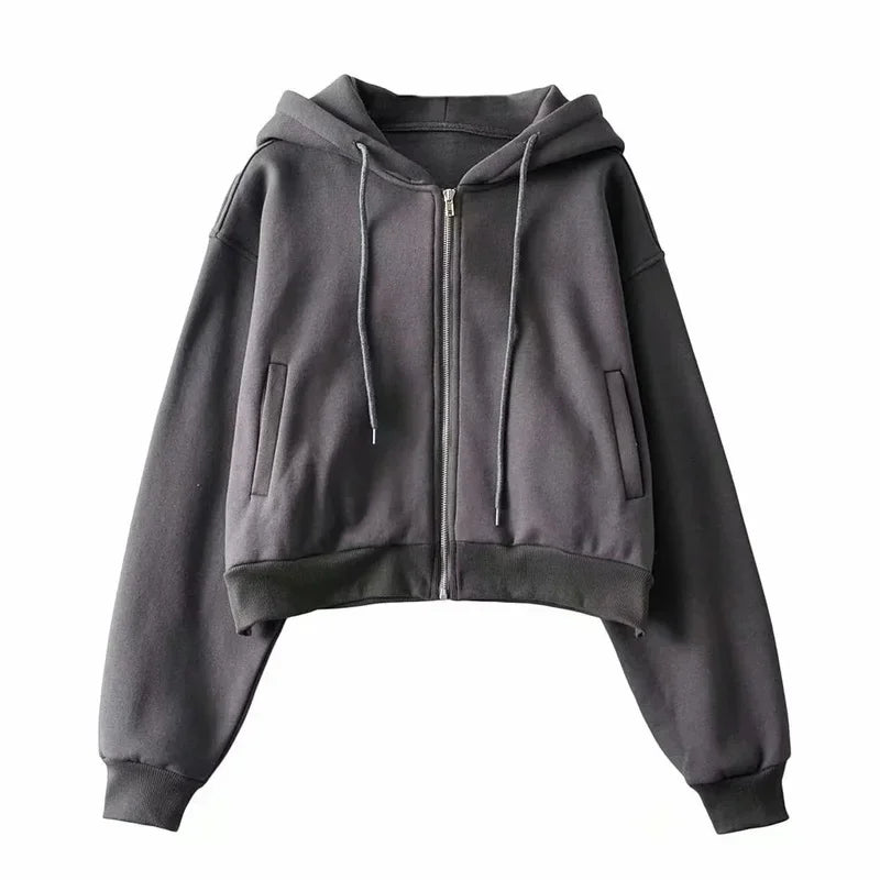 autumn spring women's Zip up hoodies pockets slim crop top women jacket female clothes drawstring white sexy hoody cotton coats