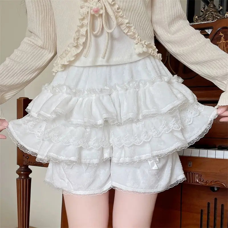 Autumn Japanese Soft Girl Warm Pumpkin Pants Leggings High Waist Pink Cake Skirts for Women Sweet Lolita Aline Shorts Skirts