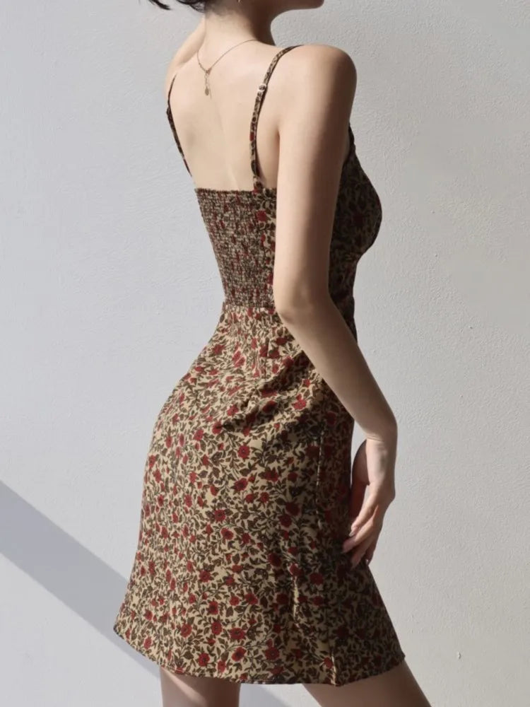 Summer Vintage Floral Print Dresses Women Casual Strap Laceup Beach Holiday Vestidos Female Backless Sleeveless Clothes