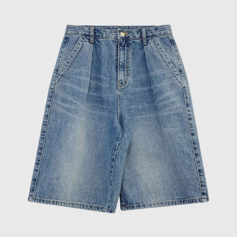 Vintage Washed Women's Denim Wide Leg Shorts Summer Loose High Waist Blue Casual Straight Half Pants Female