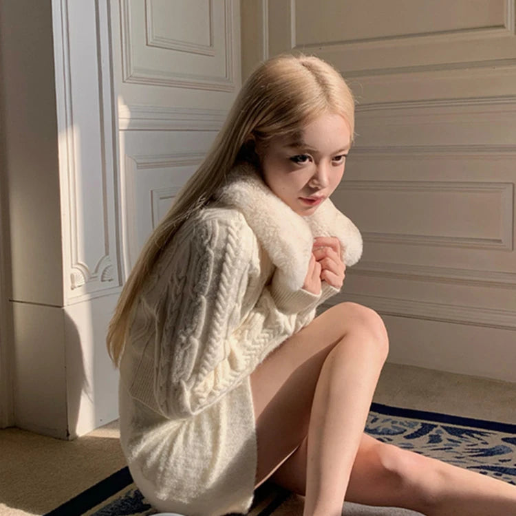Vintage Lazy Lapel Neck Fur Sweaters Mujer 2024 Autumn New White Cardigan Coat Women Y2k Long Sleve Zipper Knitted Tops