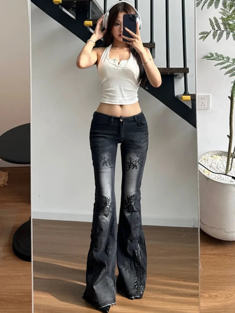 Y2K Vintage Flared Jeans Women Streetwear 2000s Floral Print Distressed Low Waist Slim Denim Pants Korean Retro Trousers