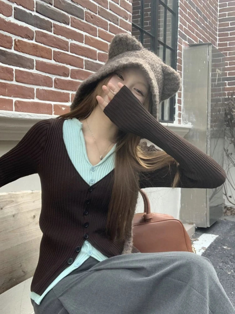 Y2K Brown and Mint Green Fake Two Pieces Knitwear Slim Button Up Cardigan Autumn Winter Ribbed Sweater Women Korean Chic