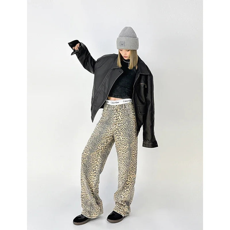 American Retro High Street Casual Overalls Leopard Print Loose Wide Leg Pants For Women Y2k Hiphop Cargo Grunge Baggy Trousers
