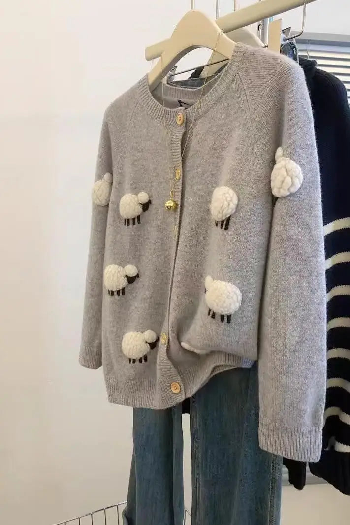 Sweet Hot Girl Threedimensional Lamb Knitted Cardigan Women's Autumnwinter Thickened Oneck Longsleeved Loose Sweater