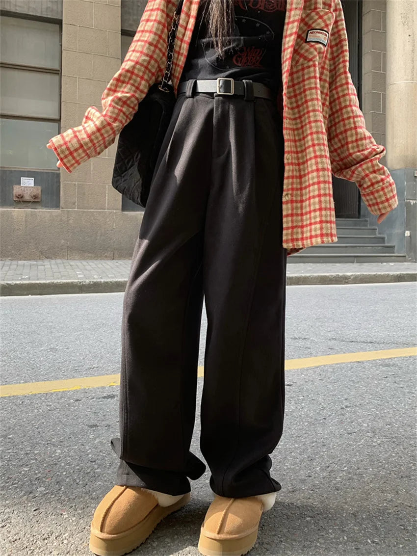 Chic Solid New Winter Pants Women Thicken Warm 2024 Work Wear Loose High Waist Straight All Match Streetwear Daily