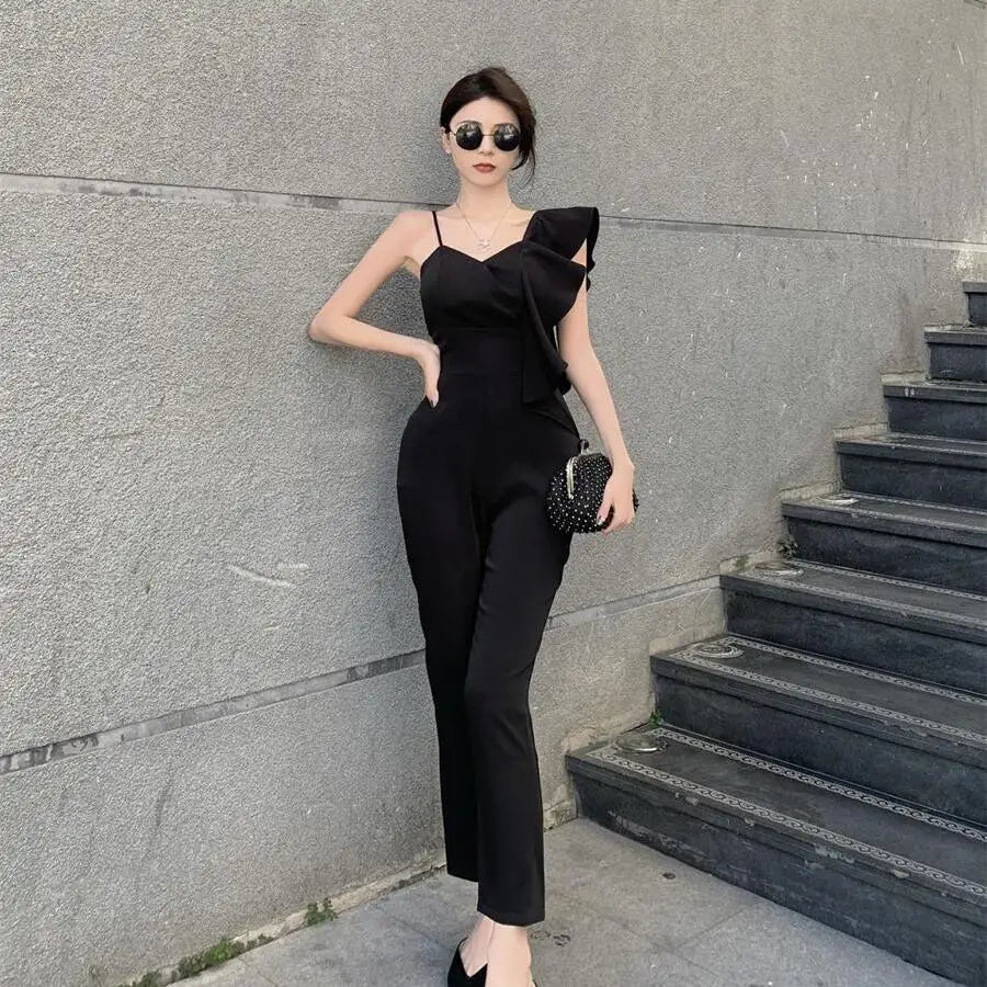 2025 Summer Outfit New Fashion Stylish Socialite Slim Fit Ruffled Sleeves Temperament Queen Jumpsuit Pencil Pants Women