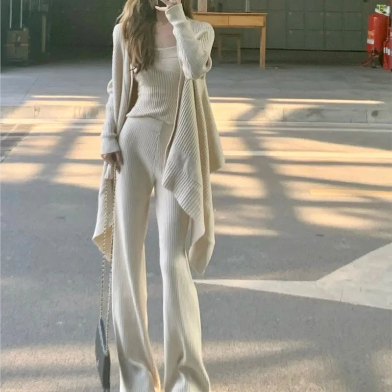 Autumn Winter Solid Knitted 3piece Set Women Tank Top Long Pants Cardigan Sweater Pullover Korean Fashion Casual Outfits New