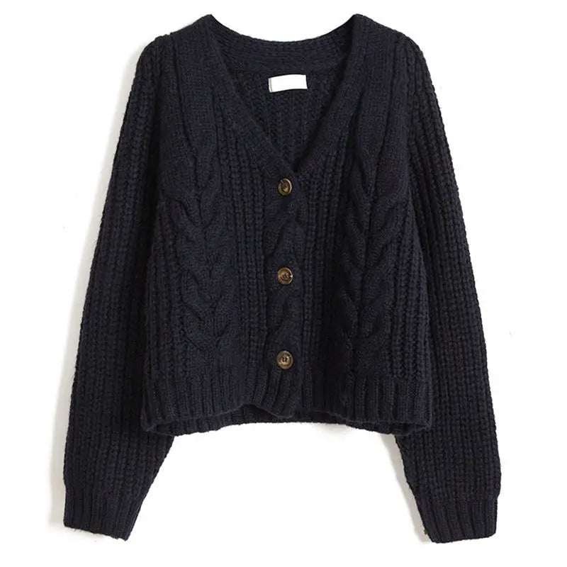 Women Solid Long Sleeve Cardigan Crochet Sweater Autumn Winter Casual Korean Vneck Single Breasted Short Tops Chic Streetwear
