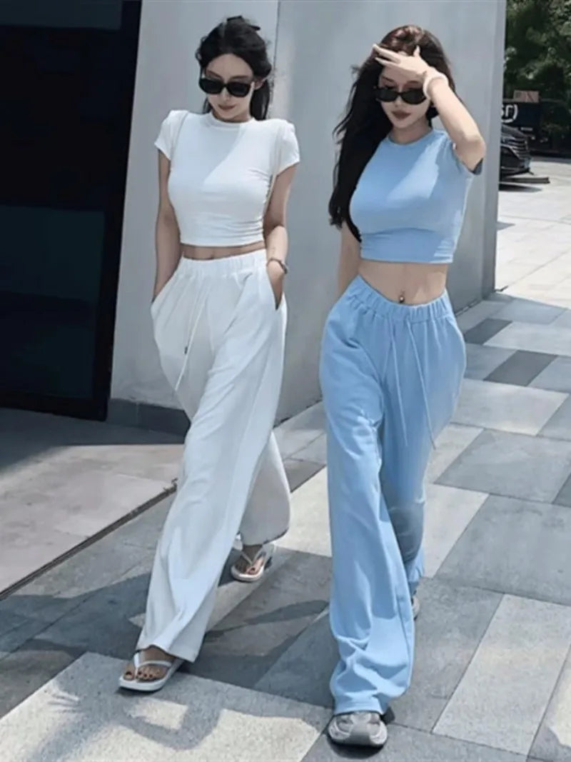 Sweet Hot Girl Casual Suit Women's Summer Slim Fit Oneck Shortsleeved Tshirt Wide Leg Long Pants Twopiece Set Female Clothes