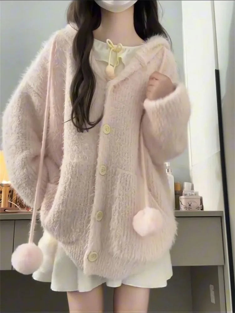 Sweater Women Sweet Furry Hooded Long Sleeve Loose Stretch Single Breasted Pockets Ball Drawstring Knitted Cardigan