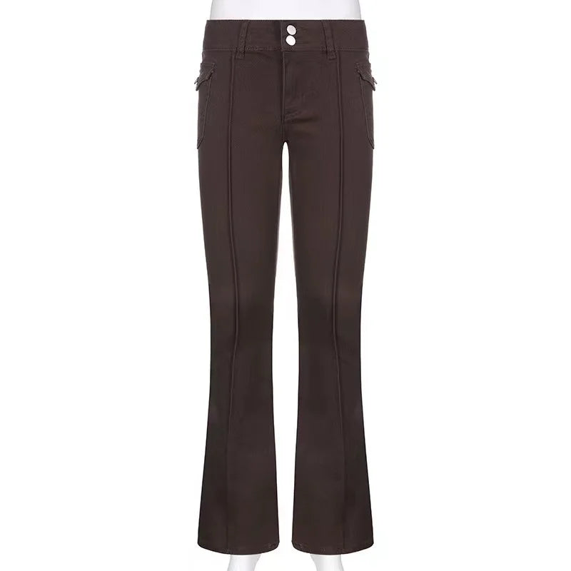 Y2K Brown Flared Jeans Solid Color Pocket Kawaii Trousers Low Waist Aesthetic Jogging Pants Women's Casual Basics