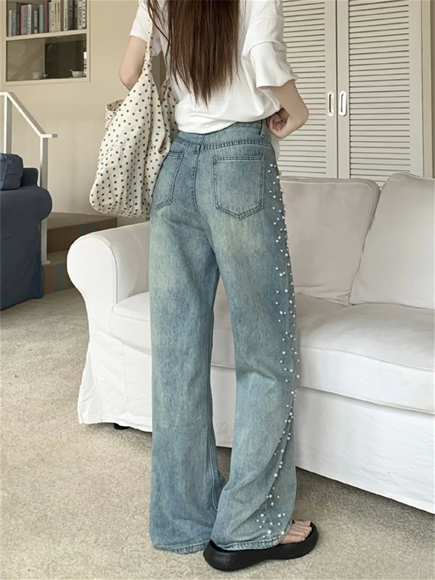 Summer Straight Jeans Women Pearls Wide Leg Mopping Light Washed High Waist Streetwear New Denim Casual Pants