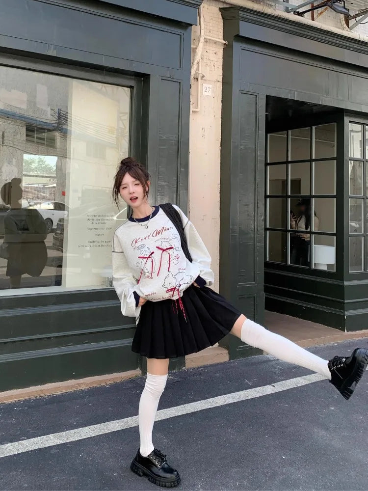 3D Bow Contrast Color Hoodies Round Neck Gray Sweatshirts Autumn Korean Fashion Loose Agereducing Cat Print Loose Top