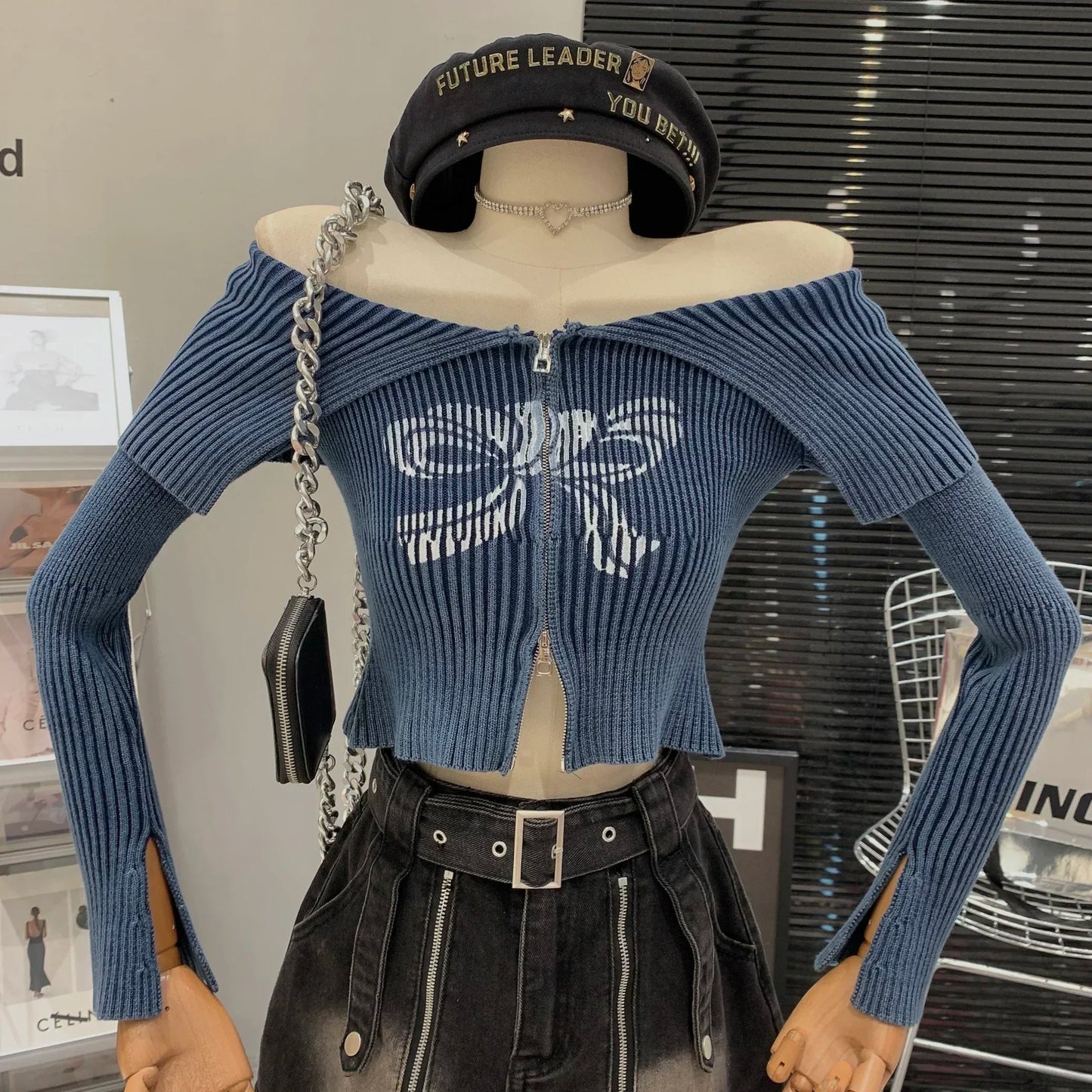 Bow Print Offshoulder Knitwear Gradient Cardigan Sweater Zipper Maillard Style Fairy Grunge Long Sleeve Top Y2k Clothes