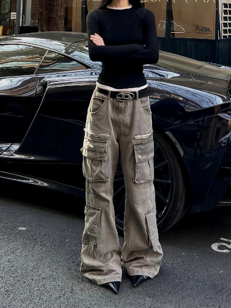 Brown Jeans Women High Waist American Plus Size Wide Leg Pants Vintage Straight Baggy Casual Denim Trousers Mom Oversize Pants