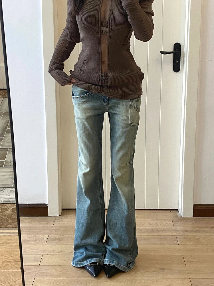 Women Gyaru Japanese Harajuku Y2K Streetwear Low Rise Flare Denim Pants Jeans 2000s Vintage BellBottom Trousers Kpop Goth Tide