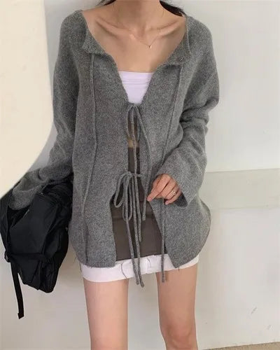 2024 Autumn for Women Crop Tops Vintage Korean Retro High Street Hollow Out Bandage Sweater Cardigan Knit Jacket Tops