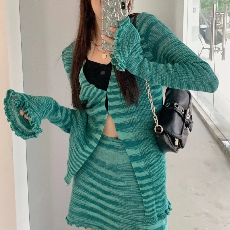 Y2k Orange Striped Suit Fungus Edge Longsleeved Knitted Cardigan Women's Autumn Short Skirt 2piece Set