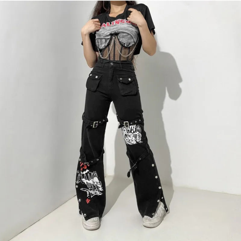 Black Gothic Pencil Pants Rivet High Waist Woman Slim Body Dark Goth Pant 2024 Women Punk Aesthetic Clothes Vintage Streetwears