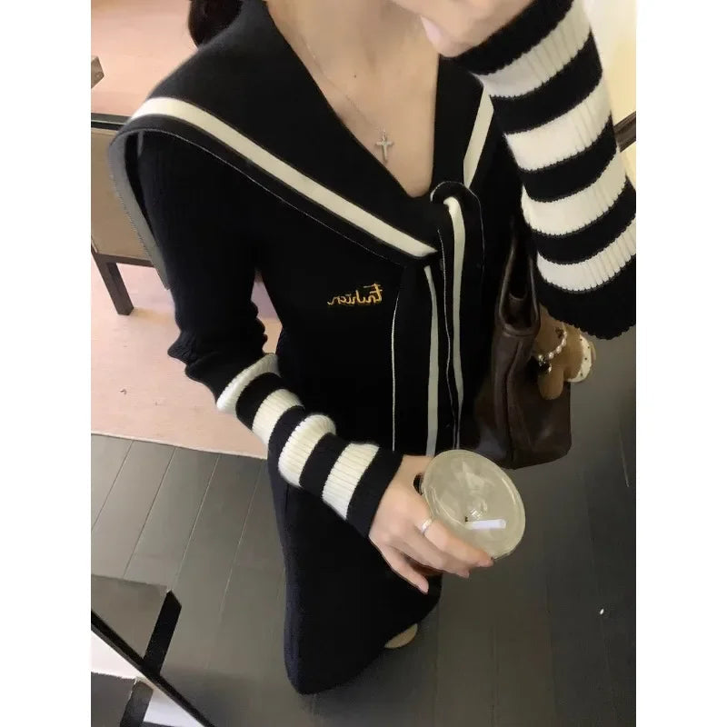 Autumn New Japanese Contrast Color Patchwork Laceup Long Sleeve Cardigan Women + Loose Knitted Aline Skirt Twopiece Suit