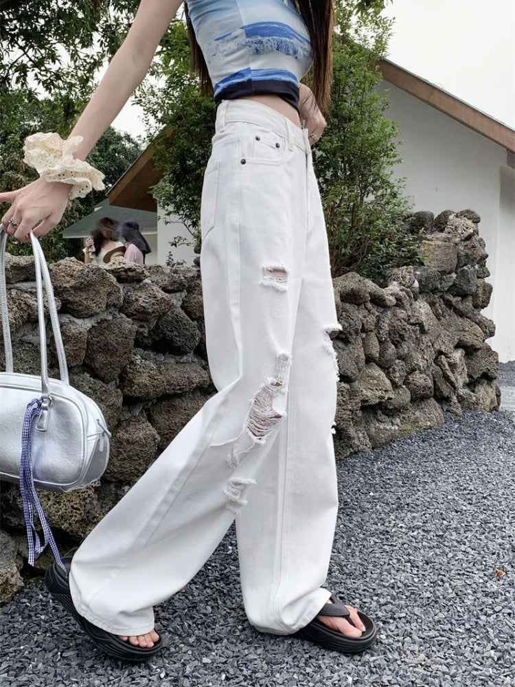 Basic White Ripped Jeans Women Jeans High Waisted Cowboy Pants Oversized Streetwear Denim Trousers Y2k Hip Hop Clothes