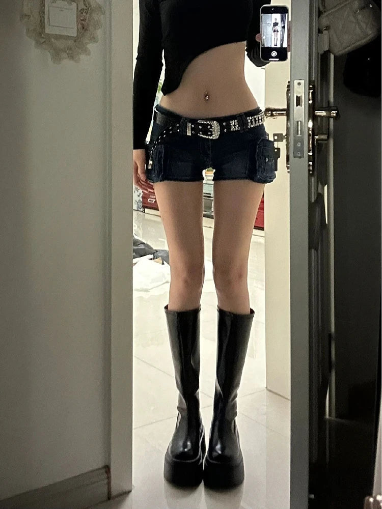 Woman Casual Hot Slim Pants Low Waist Jean Solid Color Wash shorts Denim Shorts With Belt Classical Sexy Gyaru Dark Academia