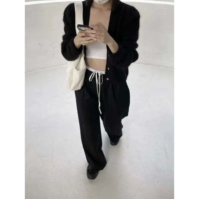 2024 Summer Vintage Korean Retro High Street Black and White Stitching Elastic Laceup Streetwear Fashion Wide Leg Pants