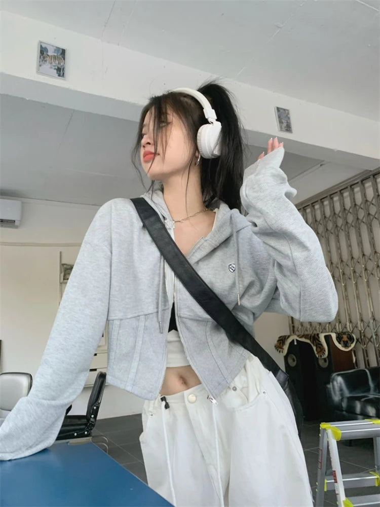 Women Zip Up Sweatshirts Casual Slim Korean Style Cropped Hoodies Female Sweet Basic Fashion Sportswear