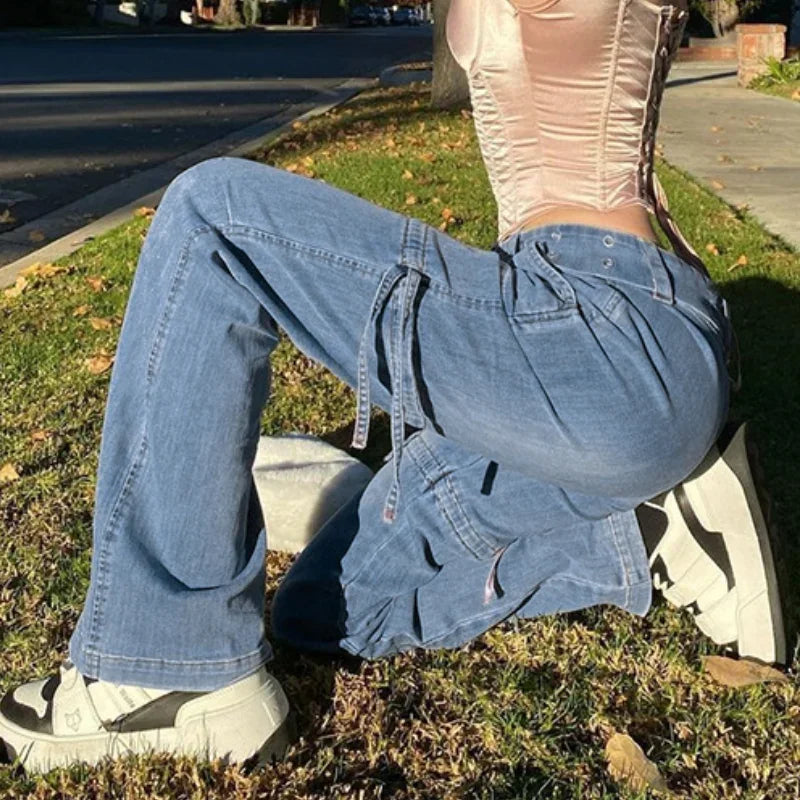 Y2k Street Retro Fashion Jeans Women Midiwaist Sexy Belt Drawstring Casual Straight Pants Women Patchwork Style Streetwear