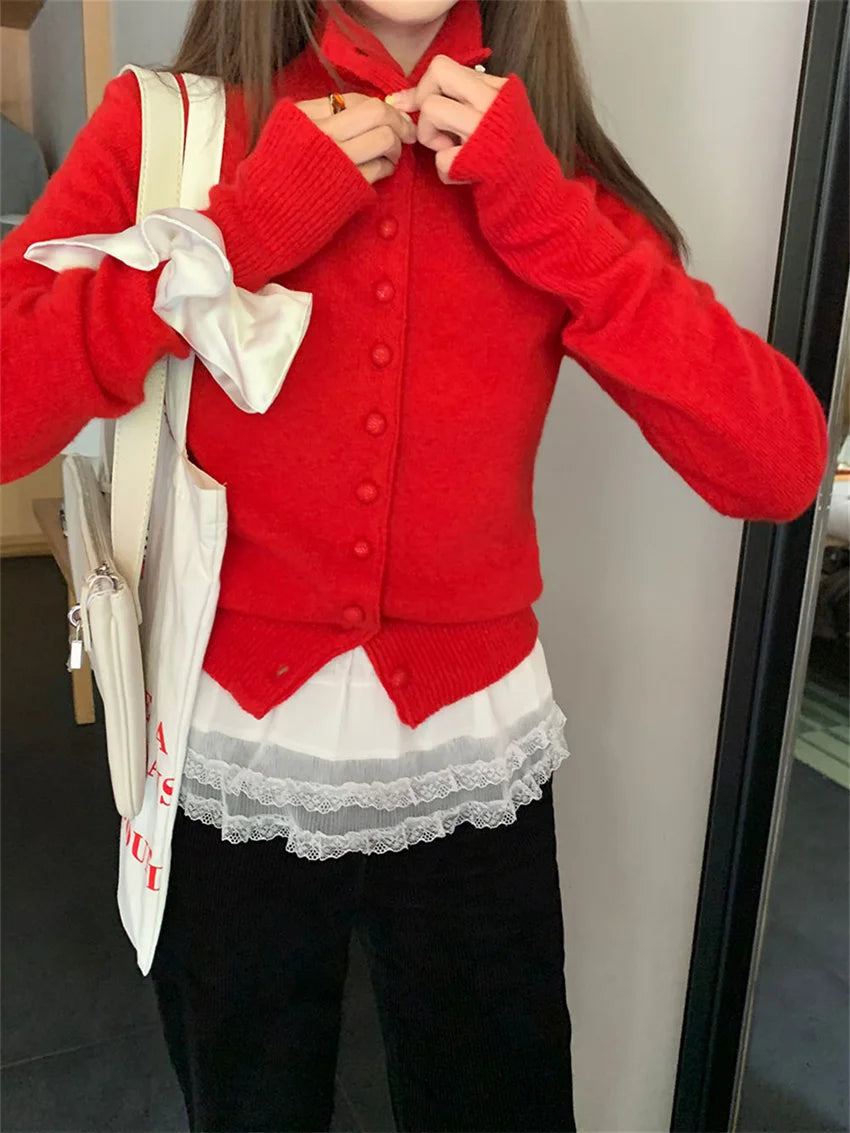 Vintage Red Sweaters Solid Knitted Loose Daily All Match Fashion Autumn 2024 Cardigans New Gentle Sweet Casual