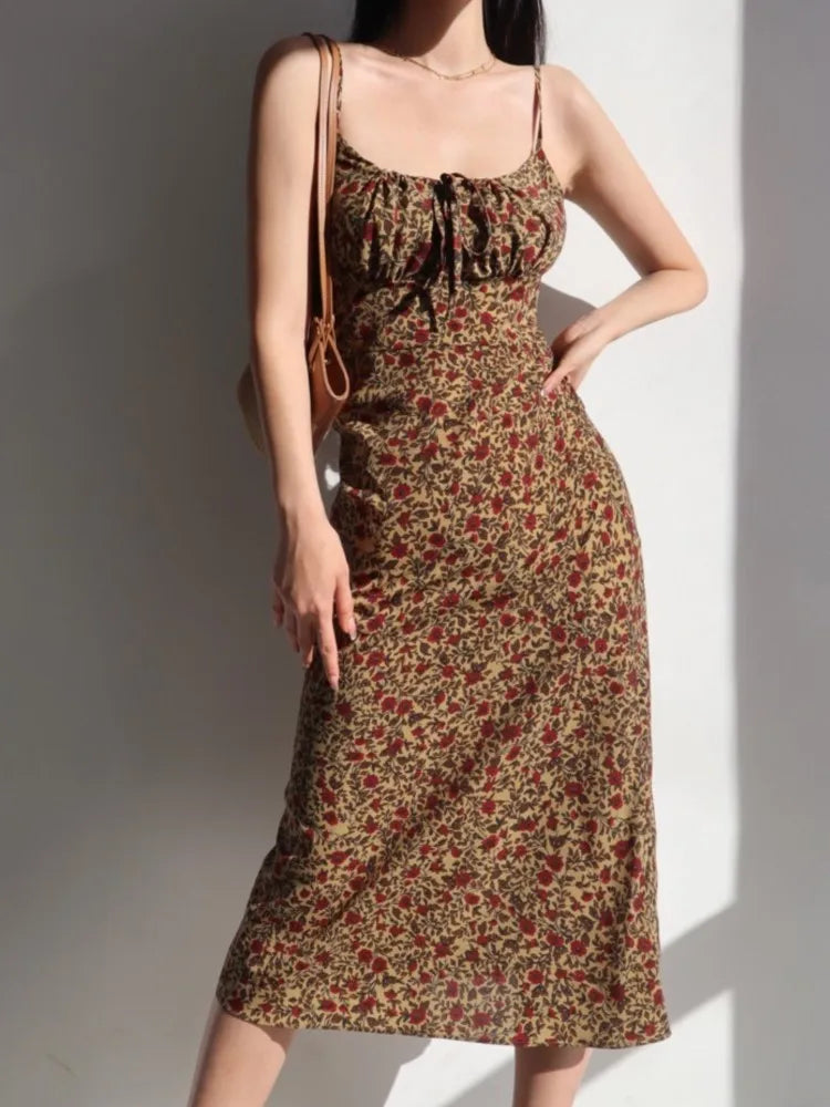 Summer Vintage Floral Print Dresses Women Casual Strap Laceup Beach Holiday Vestidos Female Backless Sleeveless Clothes