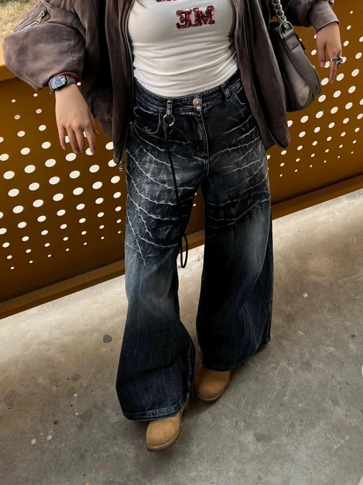 Women Y2k Baggy Vintage Jeans Harajuku Fashion Straight Do Old Wide Leg Full Length Denim Pants Hip Hop Causal Trousers