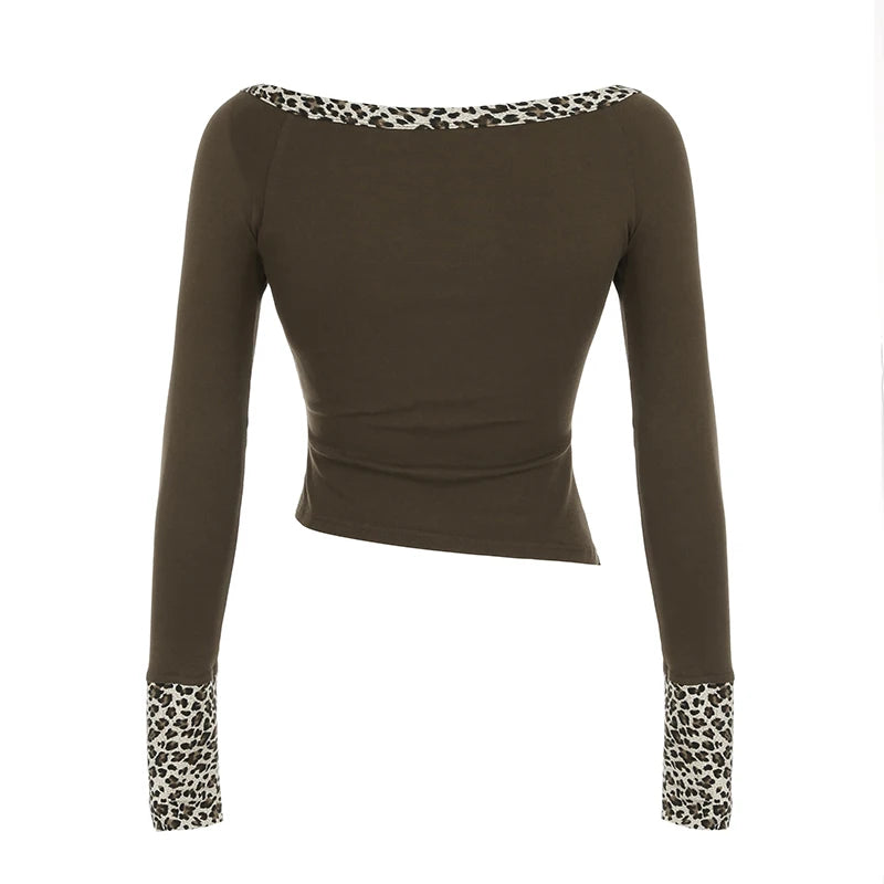 Y2k Trendy Retro Irregular Women��s Tops Long Sleeve Patchwork Leopard Square Collar Button Chic Ripped T-Shirts