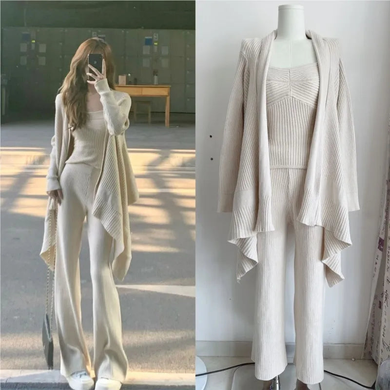 Autumn Winter Solid Knitted 3piece Set Women Tank Top Long Pants Cardigan Sweater Pullover Korean Fashion Casual Outfits New