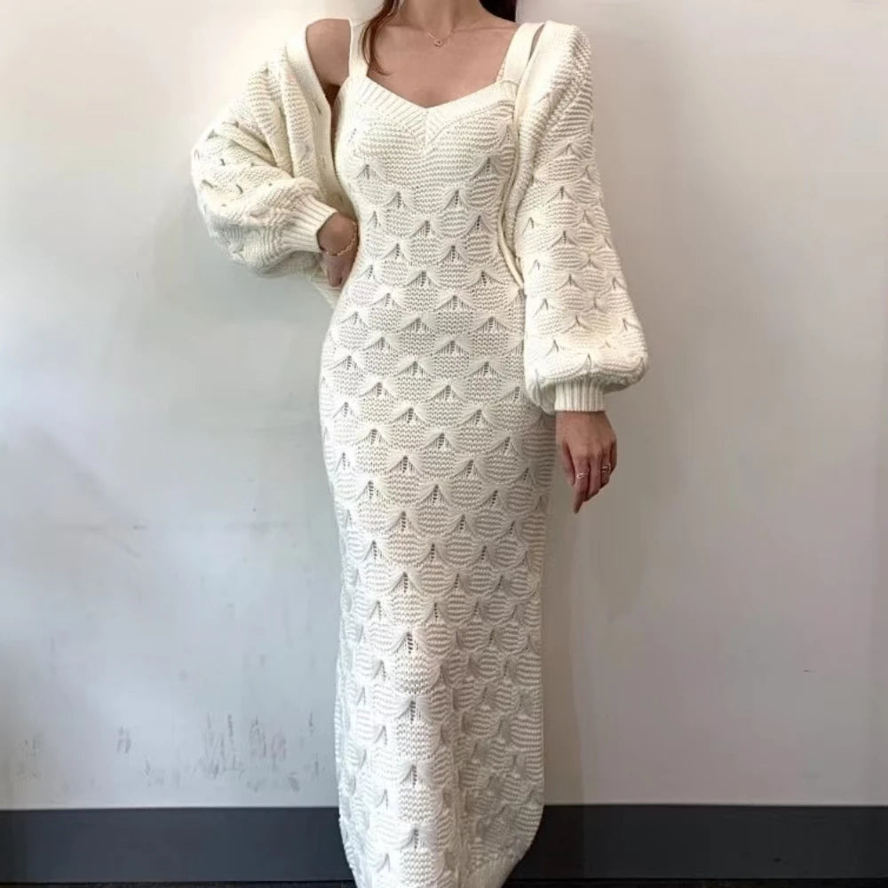 Sweet Hot Girl Suit Women's Autumn and Winter Singlebreasted Lantern Sleeve Knitted Cardigan Slim Strap Dress Twopiece Set