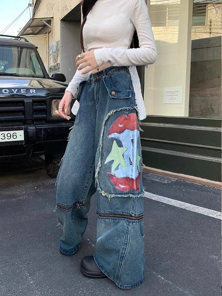 Blue Washed Cargo Jeans Women Ripped Wide Leg Denim Pants Zipper Oversized Streetwear Y2k Hip Hop Graffiti Baggy Bottoms