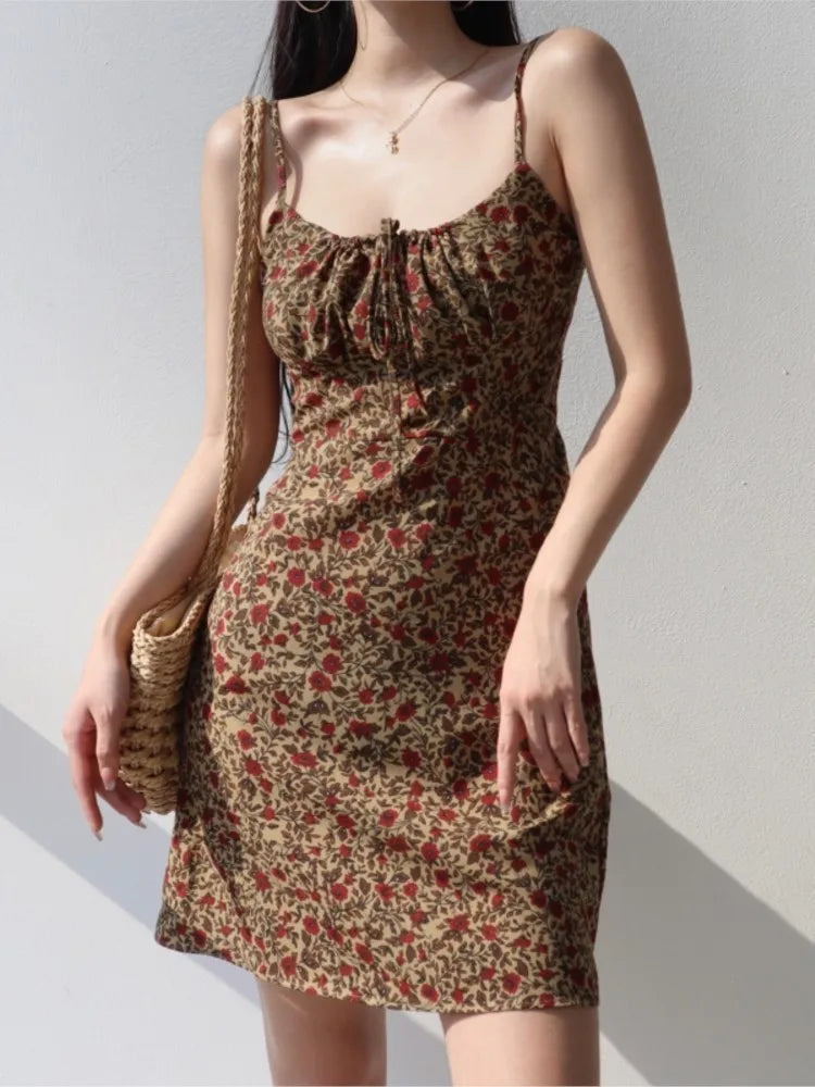 Summer Vintage Floral Print Dresses Women Casual Strap Laceup Beach Holiday Vestidos Female Backless Sleeveless Clothes