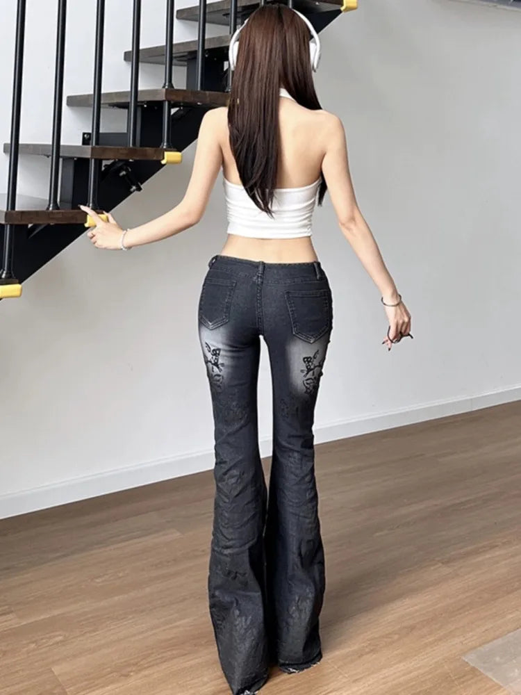 Y2K Vintage Flared Jeans Women Streetwear 2000s Floral Print Distressed Low Waist Slim Denim Pants Korean Retro Trousers