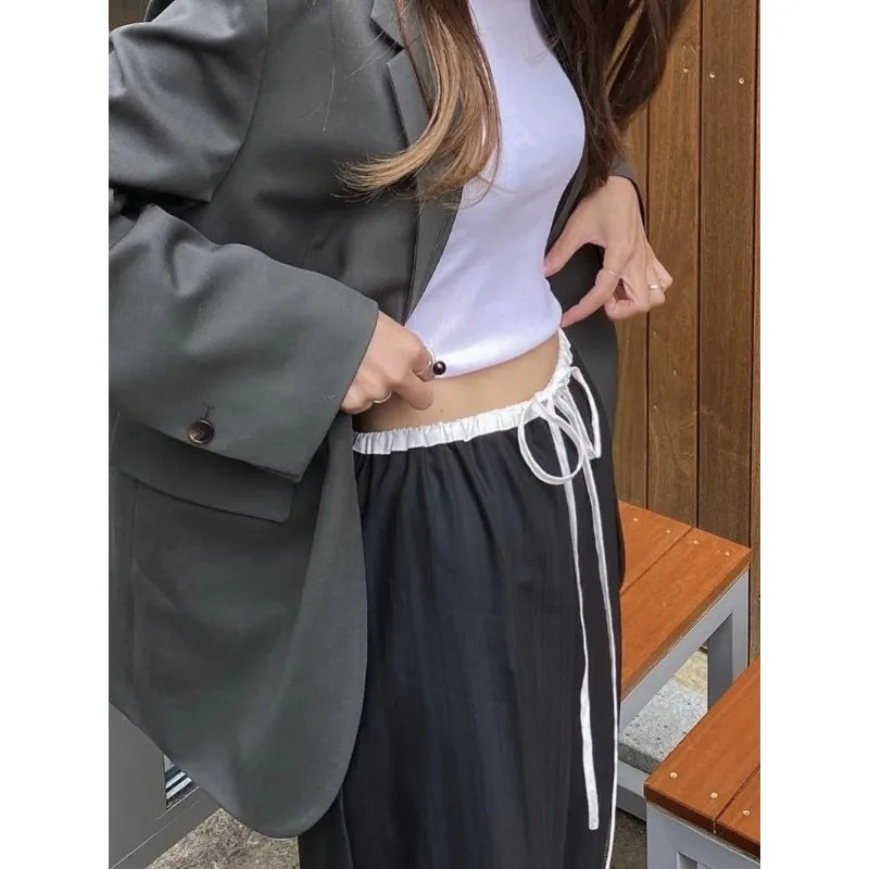 2024 Summer Vintage Korean Retro High Street Black and White Stitching Elastic Laceup Streetwear Fashion Wide Leg Pants