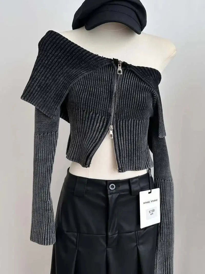 Bow Print Offshoulder Knitwear Gradient Cardigan Sweater Zipper Maillard Style Fairy Grunge Long Sleeve Top Y2k Clothes